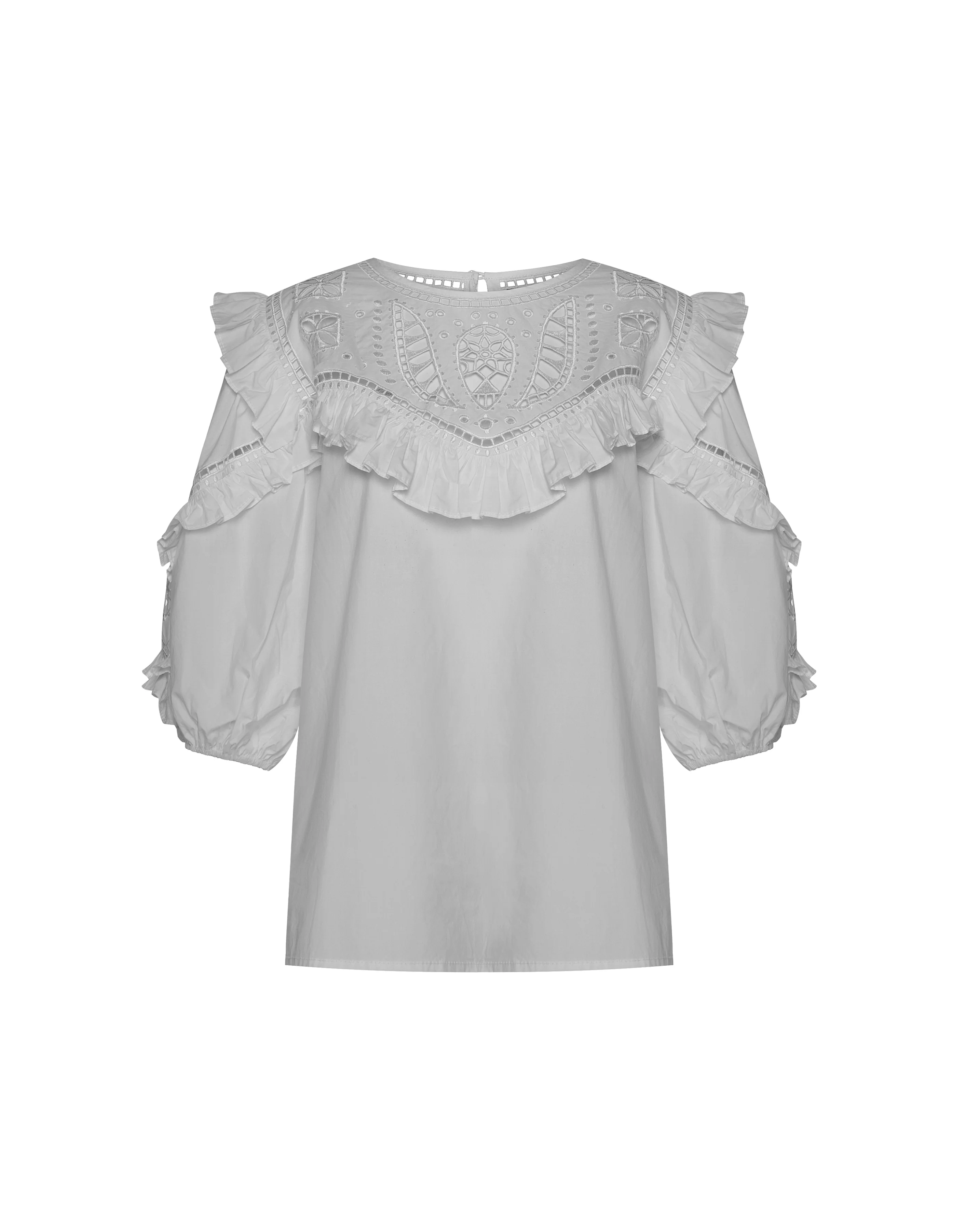 Elegant White Embroidered Blouse With Ruffled Details